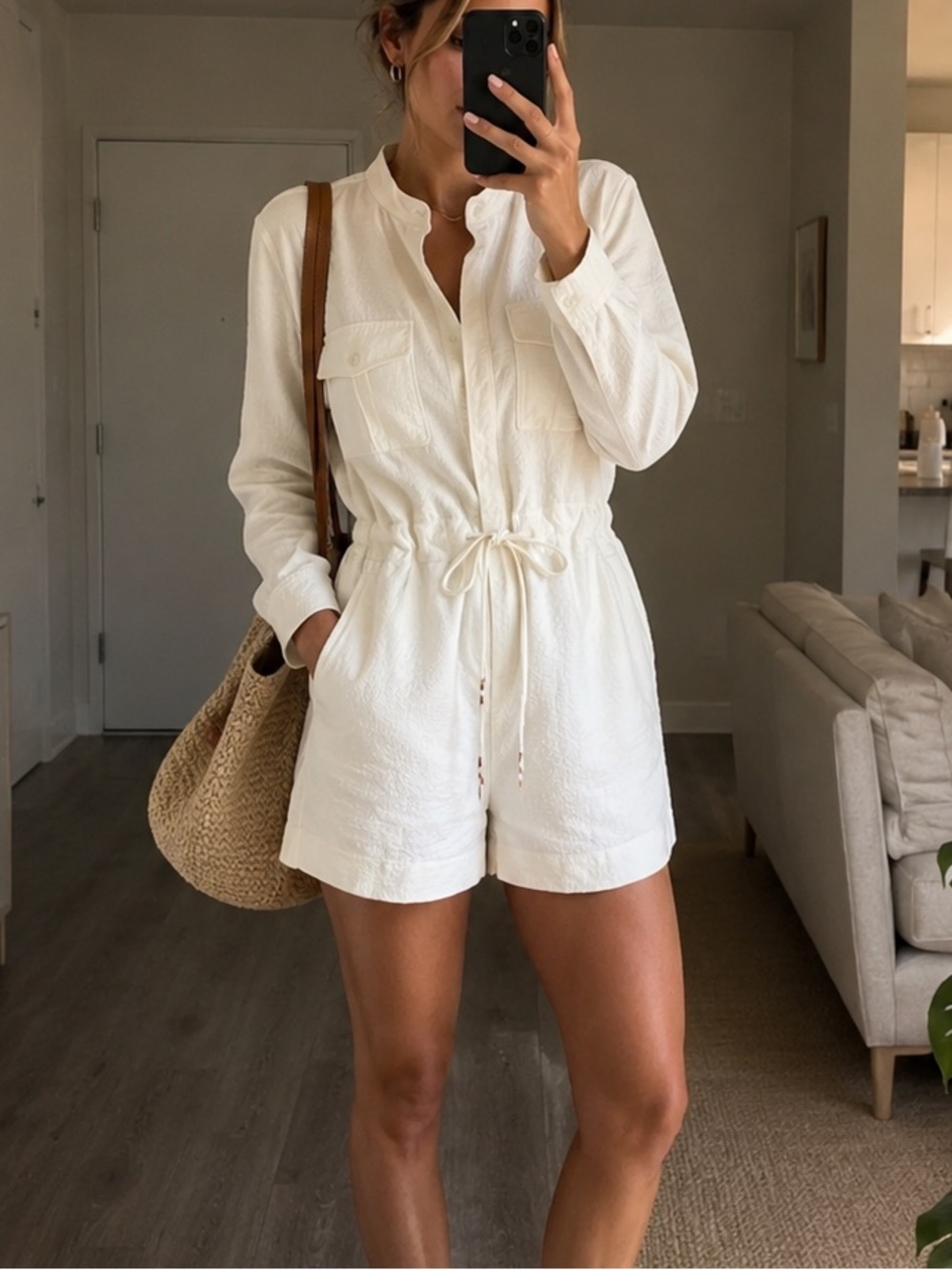 J. Crew White Textured Drawstring Romper